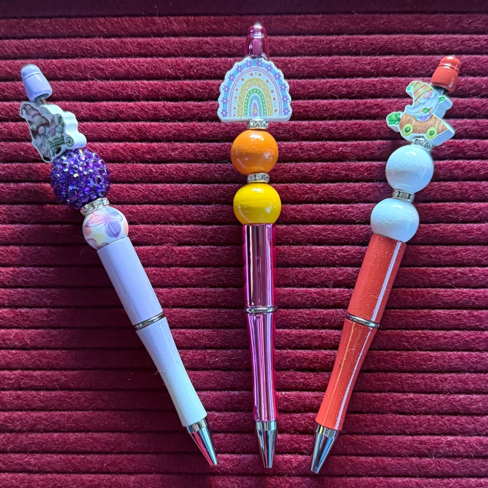 Handcrafted set of 3 gnomes and rainbows beaded pens